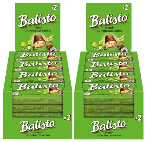 Balisto Riegel Müsli 2x 20x37g Keks mit Vollkorn und einer Crème mit Haselnussgeschmack und Rosinen, umhüllt von Milchschokolade. von Balisto