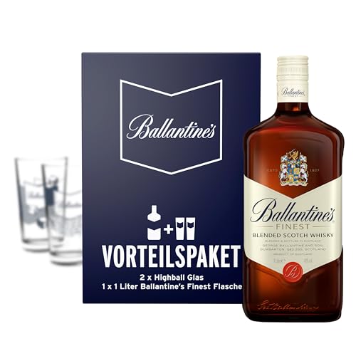 Ballantines Finest Vorteils-Paket, Blended Scotch Whiskey inklusive 2 High-Ball Whiskey-Gläsern, Geschenk-Set, Milder Blend aus Malt und Grain Whiskys, 1L von Ballantine's