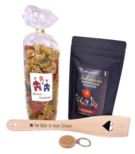 Einweihungsgeschenk Wohnung Haus Einzug Geschenk Einzugsgeschenk | Holzwender: Viel Glück im neuen Zuhause | 1x Italienische Gewürzmischung 100gr | 1x Haus Nudeln 250gr | Schlüsselanhänger Kleeblatt von Balna