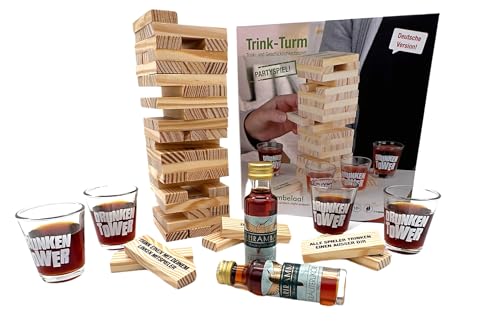 Bambelaa! Trinkspiel Wackelturm Drunken Tower inkl vier Trinkgläser (Deutsche Version) Ariramba Milder Kräuterlikör (2 x20ml) Geschenkidee Partyspiel Schnaps Witziges Geschenk mit Alkohol von Bambelaa!