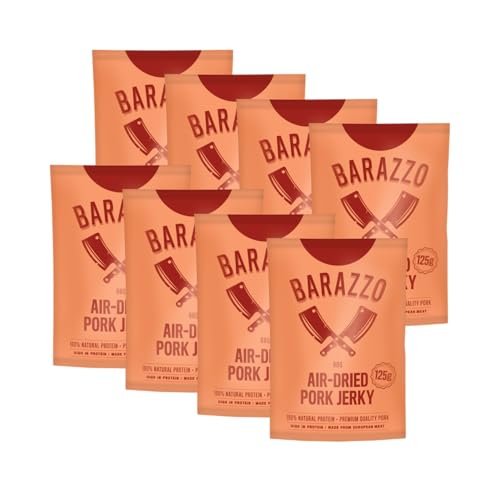 Barazzo Pork Jerky Barbecue | 1 kg (8 x 125g) | Beef Jerky/Biltong | proteinreicher Trockenfleisch Snack mit wenig Fett | high protein & healthy snack von Barazzo