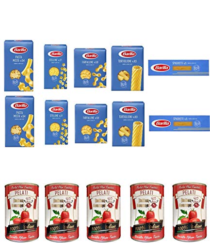 TESTPAKET Pasta Barilla italienisch ( 10 x 500g ) 5 Arten von Nudeln (Spaghetti-Tortiglioni-P.Mista-Stelline-Farfalline) + Italian Gourmet 100% italienische geschälte Tomaten dosen 5x 400g von Barilla