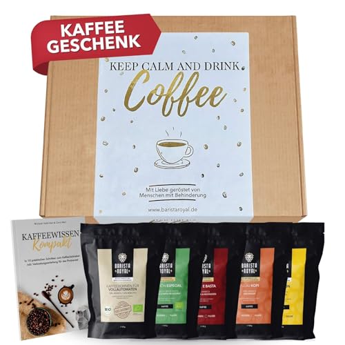 Kaffee Geschenkset (5 x 100g) - Geschenkidee - Kaffeebohnen Geschenk Probiertset - Keep calm and drink Coffee - gemahlen von Barista Royal