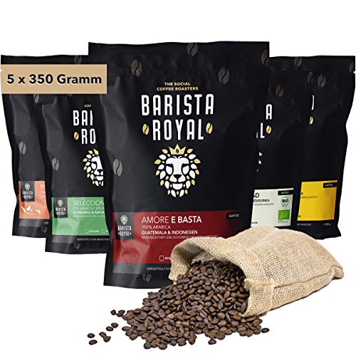 Kaffee Probierset ganze Bohne 5 x 350g | Kaffeebohnen Entdeckerpaket im Geschenkset | Arabica | fair | vegan | Ideal für Vollautomat, Filtermaschine, Handfilter und French Press | BARISTA ROYAL von Barista Royal