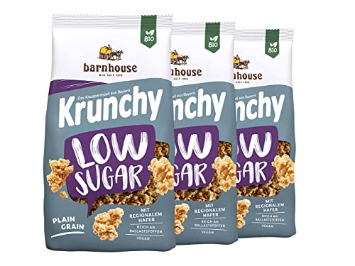 Barnhouse Krunchy Low Sugar Plain Grain, zuckerarmes Bio Hafer-Knuspermüsli aus Bayern, Basis-Sorte, 3 x 375g von Barnhouse