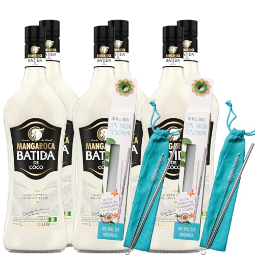 Mangaroca Batida de Côco (6x 0,7l) Set 16% vol inkl. 2 Trinkhalme GRATIS- Kokoslikör - Natürlich süß, pur auf Eis, als Longdrink oder als Basis exotischer Cocktails genießen von Batida