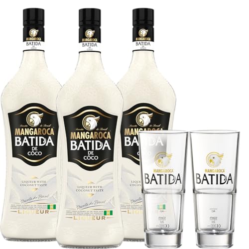 Mangaroca Batida de Côco 16% vol (3 x 0,7 l) plus 2er Longdrinkglas Set- Kokoslikör, Natürlich süß, pur auf Eis, als Longdrink oder als Basis exotischer Cocktails genießen von Batida