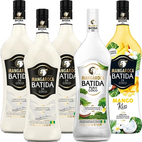 Mischpaket aus 6 Flaschen Mangarocca Batida (6x 0,7l) - bestehend aus 3 x 0,7l Mangaroca Batida de Côco, 1 x 0,7l Mangaroca Batida Pura Côco und 1 x 0,7l Mangaroca Batida Mango Kiss Limited Edition von Batida