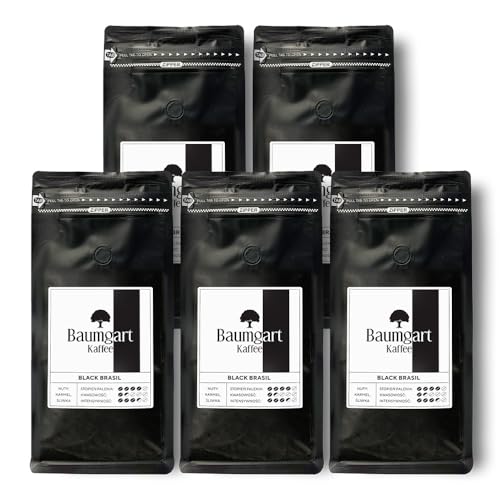 Baumgart Kaffee BLACK BRASIL Kaffee Gemahlen 5kg - 100% Arabica, Röstkaffee, Frisch Geröstet, Intensität 7/10, Dunkle Röstung, Geschmackstiefe - 5x 1kg gemahlen coffee aus der eigenen Kaffeeröstere von Baumgart