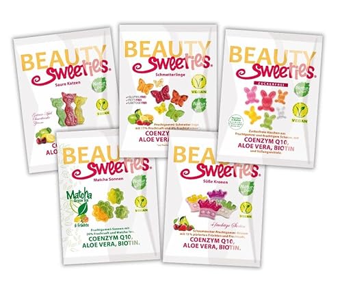 BeautySweeties All-In-One – Fruchtig süße & saure Fruchtgummi, 100% vegan – Fünf leckere Sorten: Schmetterlinge, Süße Kronen, Saure Katzen, Matcha-Sonnen und zuckerfreie Häschen, je 125g von Beauty Sweeties