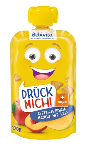 Bebivita Drück mich! Quetschbeutel Apfel-Pfirsich-Mango mit Keks, 6er Pack (6 x 120 g) von Bebivita