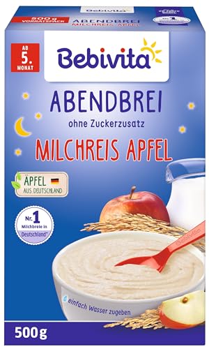 Bebivita Milchbreie ohne Zuckerzusatz Abendbrei Milchreis mit Apfel (4x500g) von Bebivita