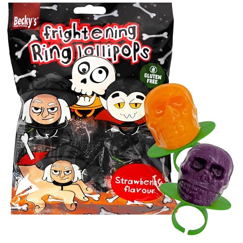 Schädel Ring Lollipops, Halloween Totenkopf Lutscher mit Erdbeer-Geschmack, 90g von Becky's