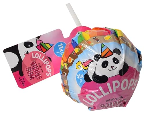 XXL- Lollipop Mega-Lutscher mit 11 Kaugummi-Lollies, Regenbogen-Panda Design, sortierte Geschmacksrichtungen: Cola-, Erdbeer-, Orangen-, Zitronengeschmack von Becky's