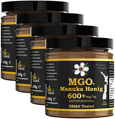 BEE NATURAL MGO 600+ PREMIUM MONOFLORAL NEUSEELAND MANUKA HONIG IN EINEM UMWELTFREUNDLICHEN ECHTGLASGEFÄß AUS NICHT GEFÄRBTEM GLAS * 4x 250G MANUKAHONIG # MGO 514 550 = UMF 15, 600 625 = UMF 16 von Bee Natural