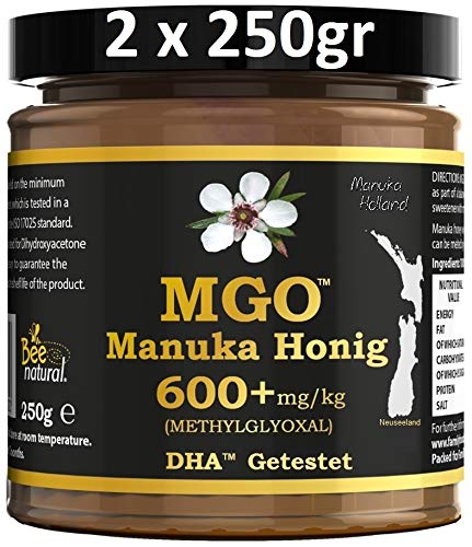 BEE NATURAL MGO 600+ PREMIUM MONOFLORAL NEUSEELAND MANUKA HONIG IN EINEM UMWELTFREUNDLICHEN ECHTGLASGEFÄß AUS NICHT GEFÄRBTEM GLAS * 2x 250G MANUKAHONIG # MGO 514 550 = UMF 15, 600 625 = UMF 16 von Bee Natural