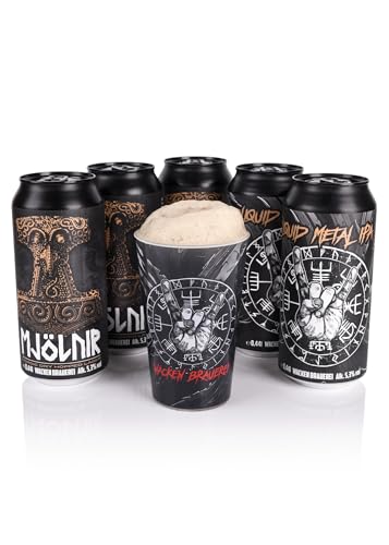 Beer of The Gods - Wacken Brauerei - Festival-Pack - Bierpaket - 5 Bierdosen 0,44 l 5,3% vol., 3x Mjölnir, 2x Liquid Metal - 1x Vegvisir Kunststoffbecher von Beer of the Gods - Since 2016 - Wacken Brauerei