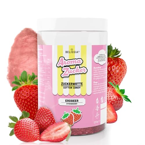 Belissia Aromazucker | 250g Zuckerwatte Zucker mit Erdbeer Geschmack | Intensiver Aromazucker für jede Zuckerwattemaschine | Geeignet für Dessert, Popcorn, Kratzeis, Slush, Cocktails uvm. von Belissia