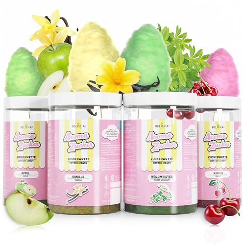 Belissia Aroma Zucker | 4 x 250g Set Zuckerwatte-Zucker | Waldmeister, Vanille, Kirsche, Apfel | Made in Germany | Vielseitiger Aromazucker für Desserts, Getränke und mehr von Belissia