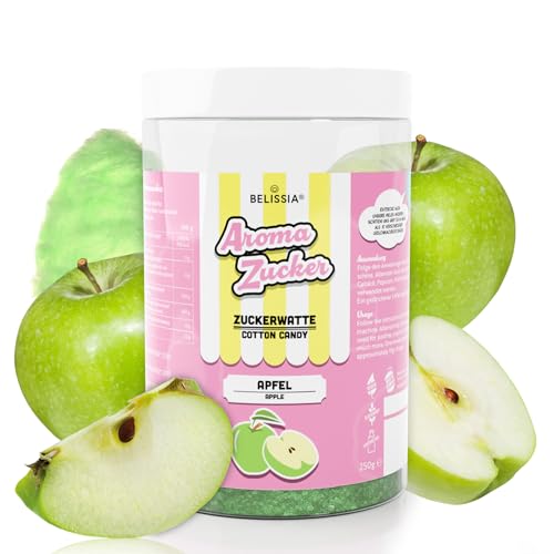 Belissia Aromazucker | 250g Zuckerwatte Zucker mit Apfel Geschmack | Intensiver Aromazucker für jede Zuckerwattemaschine | Geeignet für Dessert, Popcorn, Kratzeis, Slush, Cocktails uvm. von Belissia