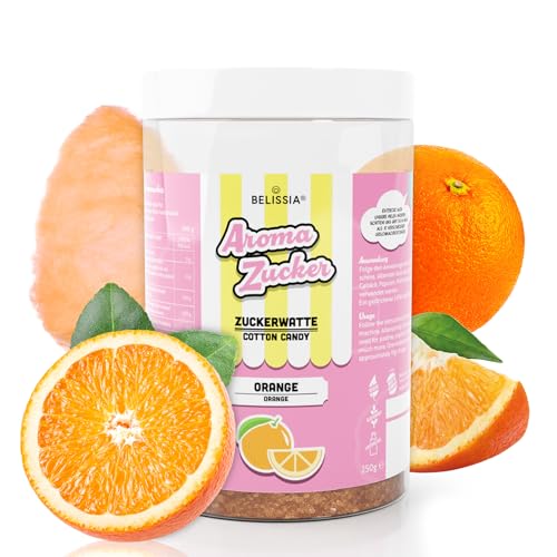 Belissia Aromazucker | 250g Zuckerwatte Zucker mit Orange Geschmack | Intensiver Aromazucker für jede Zuckerwattemaschine | Geeignet für Dessert, Popcorn, Kratzeis, Slush, Cocktails uvm. von Belissia