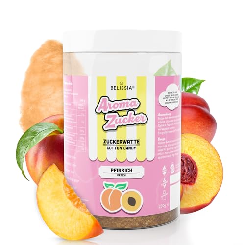 Belissia Aromazucker | 250g Zuckerwatte Zucker mit Pfirsich Geschmack | Intensiver Aromazucker für jede Zuckerwattemaschine | Geeignet für Dessert, Popcorn, Kratzeis, Slush, Cocktails uvm. von Belissia