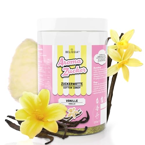 Belissia Aromazucker | 250g Zuckerwatte Zucker mit Vanille Geschmack | Intensiver Aromazucker für jede Zuckerwattemaschine | Geeignet für Dessert, Popcorn, Kratzeis, Slush, Cocktails uvm. von Belissia