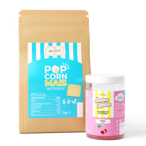 Belissia Premium Popcorn Mais 1KG | Butterfly Popcorn + Aromazucker Kirsche 250g | 1:43 Popvolumen | für deinen Filmabend, Party oder Kindergeburtstag | geeignet für jede Popcornmaschine von Belissia