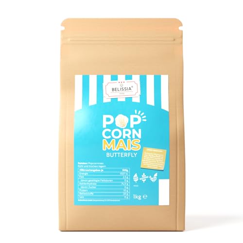 Belissia Premium Popcorn Mais 1KG | Butterfly Popcorn | 1:43 Popvolumen | für deinen Filmabend, Party oder Kindergeburtstag | geeignet für jede Popcornmaschine von Belissia