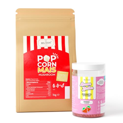 Belissia Premium Popcorn Mais 1KG | Mushroom Popcorn + Aromazucker Erdbeer 250g | 1:32 Popvolumen | für deinen Filmabend, Party oder Kindergeburtstag | geeignet für jede Popcornmaschine von Belissia