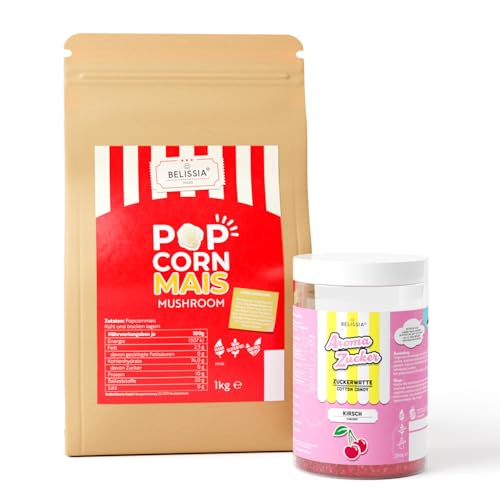 Belissia Premium Popcorn Mais 1KG | Mushroom Popcorn + Aromazucker Kirsche 250g | 1:32 Popvolumen | für deinen Filmabend, Party oder Kindergeburtstag | geeignet für jede Popcornmaschine von Belissia