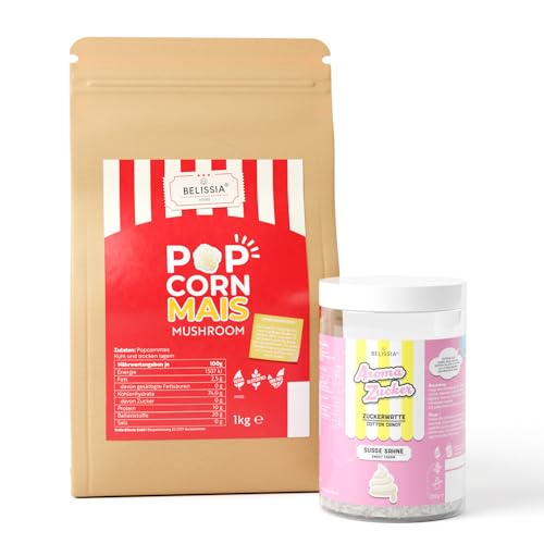 Belissia Premium Popcorn Mais 1KG | Mushroom Popcorn + Aromazucker Süße Sahne 250g | 1:32 Popvolumen | für deinen Filmabend, Party oder Kindergeburtstag | geeignet für jede Popcornmaschine von Belissia