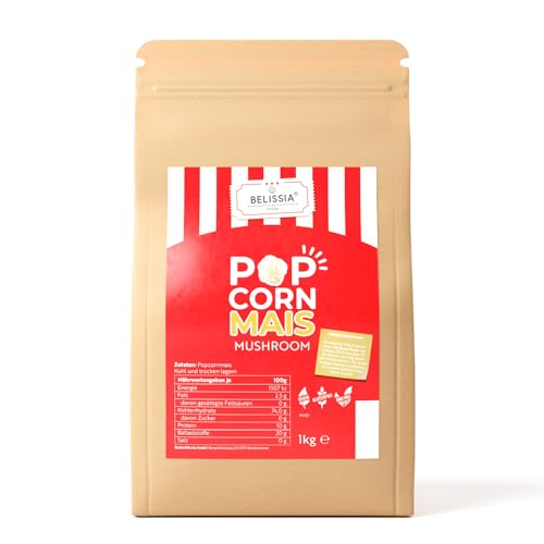 Belissia Premium Popcorn Mais 1KG | Mushroom Popcorn | 1:32 Popvolumen | für deinen Filmabend, Party oder Kindergeburtstag | geeignet für jede Popcornmaschine Mushroom 1Kg von Belissia