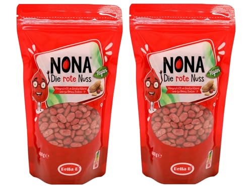 NONA Die rote Nuss - 2x400g (800g) geröstete dragierte Erdnüsse mit rotem Zuckerüberzug - Partysnack - Süße Nüsse - Die roten Erdnüsse - Einzigartiger Geschmack - Deutsche Produktion von Bella-B 1a Süsswaren wie zu Oma's Zeiten