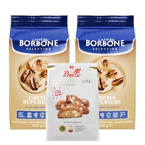 Caffè Borbone Kaffee Espresso Bohnen Set 2Kg Crema Superiore + Belli Cantuccini Mandelgebäck 250g | Ganze Kaffeebohnen mittlere Röstung Tradition Gebäck Mandel von Belli