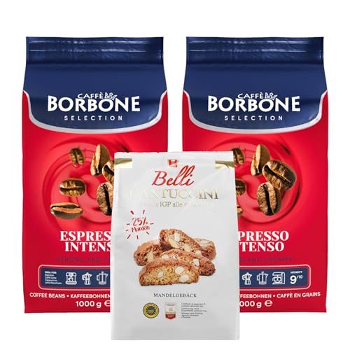 Caffè Borbone Kaffee Espresso Bohnen Set 2Kg Intenso Espresso Selection + Belli Cantuccini Mandelgebäck 250g | Ganze Kaffeebohnen mittlere Röstung von Belli