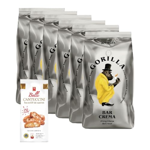 Gorilla Bar Crema Espresso Bohnen 6x1Kg Röstung Dunkel Vorratspaket + Mandelgebäck Belli Cantuccini 25% Mandeln 150g | Kaffee-Set Büro Sparpaket von Belli