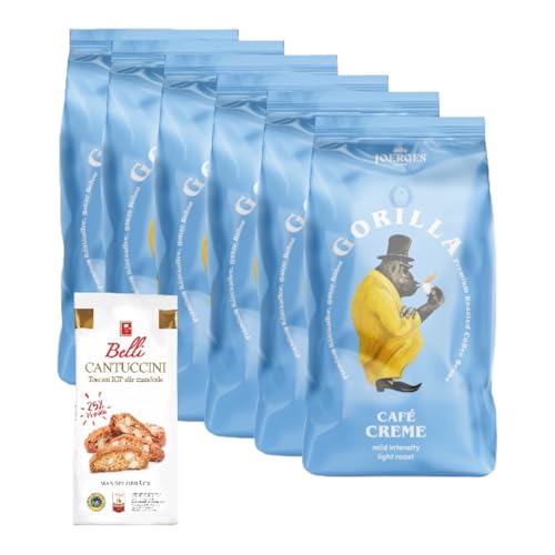 Gorilla Café Creme 6x 1000g Kaffee helle Röstung | Kaffeebohnen Vollautomat Filterkaffee Bohnen Vorratspaket + Belli Cantuccini IGP alle mandorle 25% Mandeln 150g von Belli