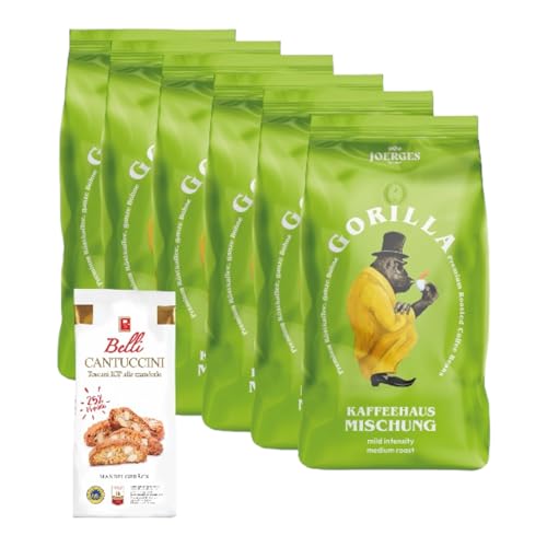 Gorilla Kaffeehaus 6x 1000g Kaffee mittlere Röstung | Kaffeebohnen Vorratspaket + Belli Cantuccini IGP alle mandorle 25% Mandeln 150g | Sparpaket Büro SET von Belli