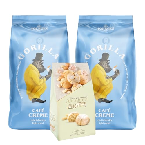 Joerges Gorilla Café Crema 2x 1000g Kaffee + 1x Belli Cantuccini IGP alle mandorle 25% Mandeln 150g | Probierset Büro-Set Espresso Ganze Kaffeebohnen Kaffe-Röststufe Hell von Belli