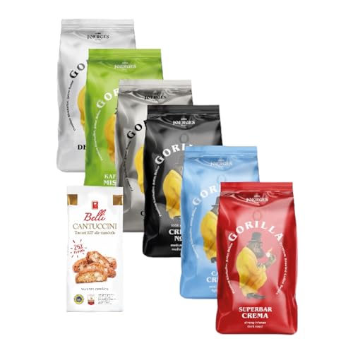 Joerges Gorilla Espresso Bohnen Super-Set 6x 1kg + Belli Cantuccini alle mandorle IGP 150g 25% Mandeln | großes Probierpaket 6 Sorten Kaffeebohnen | Büro Geschenk Set von Belli