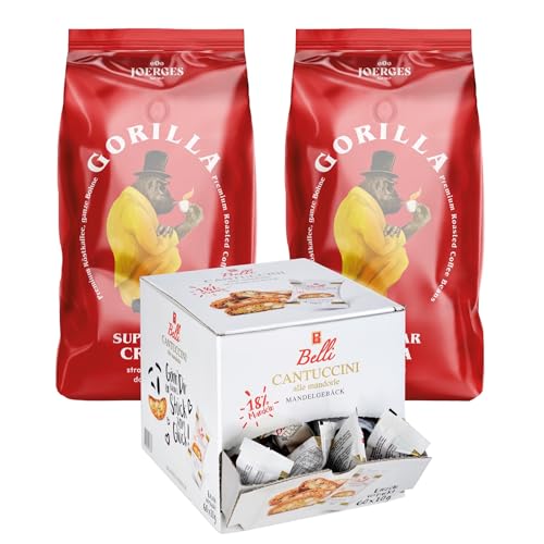 Premium Kaffee Joerges Gorilla Super Bar Crema 2x 1000g + Belli Cantuccini "alle mandorle" Schütte 1x 600g im Set | Spar-Paket-Bundle Büroklassiker Caffe Crema | Mandelgebäck einzeln verpackt von Belli