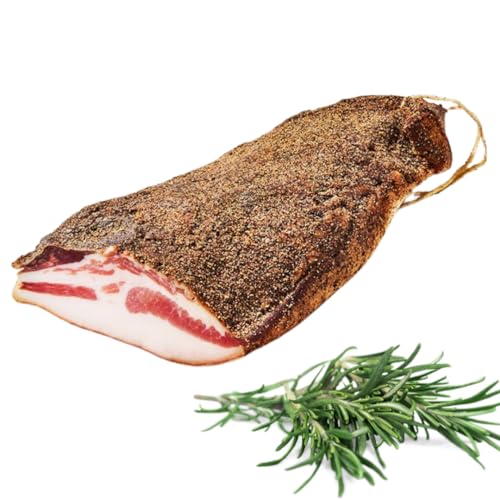 Guanciale | Fettbacke | Stücke portioniert ca. 1,3kg | ideal für bin Amatriciana- und Carbonara-Rezepte | ein 100% italienisches Produkt | höchster Qualität | luftgetrocknet | mit Pfeffer gewürzt von Bellmond Eq