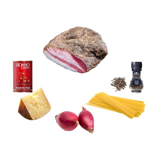 Kochset Amatricana | ca. 200g Guanciale | 200g Pecorino | 500g Spaghetti | 45g Schwarzer Pfeffer | Kirschtomatensoße | eine Tropea- Zwieberl italienische Produkte | Kochset Ideal für 2-4 Personen von Bellmond Eq