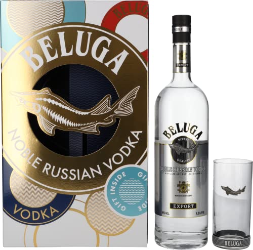 Beluga Noble Russian Vodka EXPORT 40% Vol. 1l in Geschenkbox mit 1 Rocking Glas von Beluga