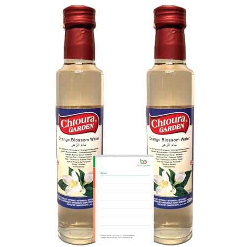 Orientalisches Orangenblütenwasser 2x250ml Glasflasche- ideal zum Backen und Kochen - Blütenwasser zur Aromatisierung von Süßspeisen, Backwaren und Getränken + Ben’s Garden Notizblock Set von Ben's Garden