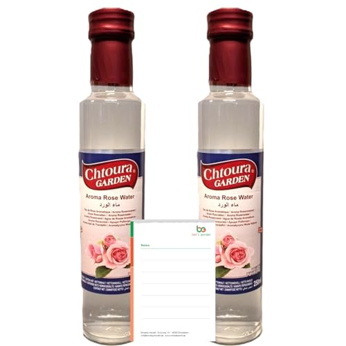 Orientalisches Rosenwasser 2x250ml Glasflasche- ideal zum Backen und Kochen - Blütenwasser zur Aromatisierung von Süßspeisen, Backwaren und Getränken + Ben’s Garden Notizblock Set von Ben's Garden