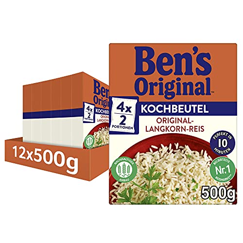 BEN’S ORIGINAL Original Langkorn Reis, 10 Minuten Kochbeutel, 12 Packungen (12 x 500g) von Ben's Original