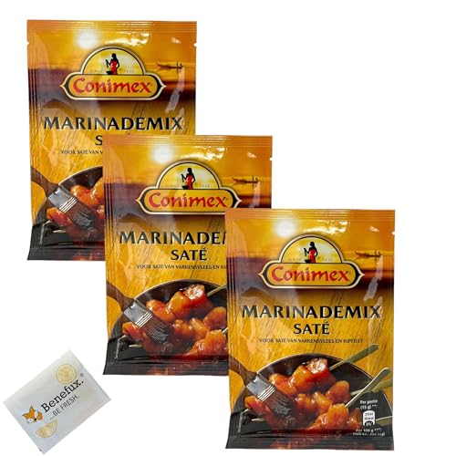 Conimex Marinademix Saté, Mix für Marinade für Fleisch, Geflügel, Fisch und Garnelen Multipack 3x 38g + Benefux. Erfrischungstuch von Benefux.