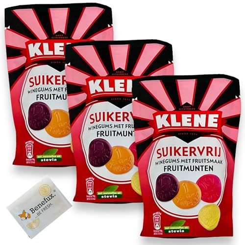 Klene Suikervrij fruitmunten zuckerfreie Weingummis Holland Sparpackung 3x 110g + Benefux. Erfrischungstuch von Benefux.